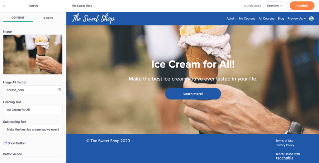 The Sweet Shop page in draft form with edit menu on left and image of person's hand holding an ice cream cone with text "Ice Cream for All!" and "Learn more" overlaying. 