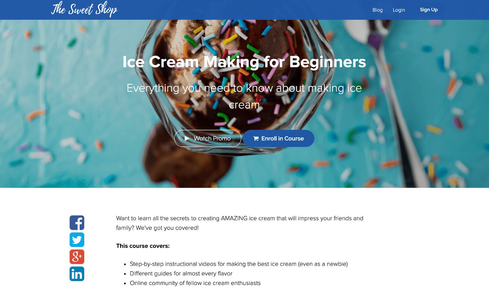 sample sales page for ice cream making with options to watch promo or enroll in course and what the course covers