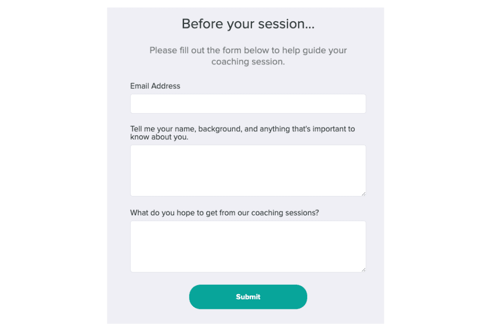 screenshot of form with text: "before your session" and fields to input email address, name, background info, etc.