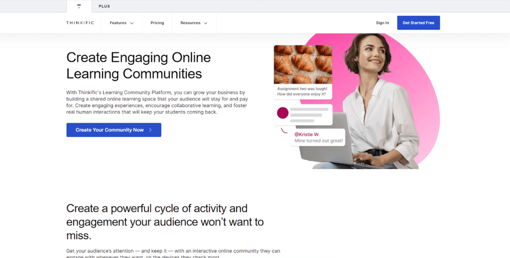 Thinkific homepage with Create Your Community Now and Get Started Free buttons