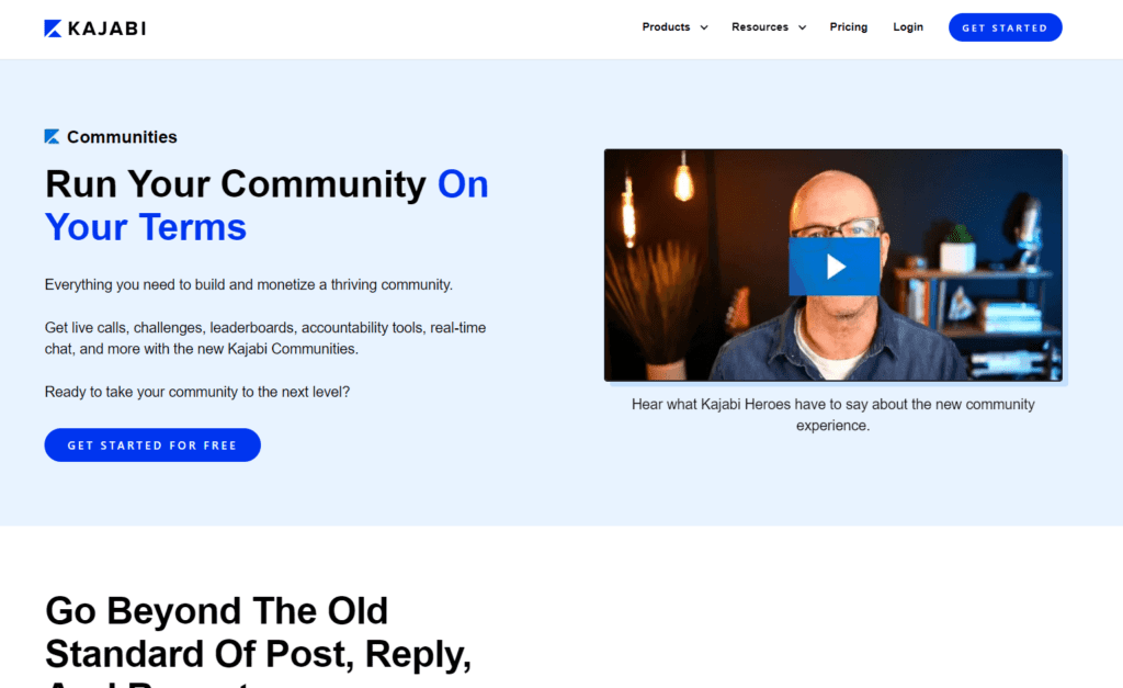 Kajabi Homepage with Run Your Community On Your Terms and a video where Kajabi Heroes talk about their experience 