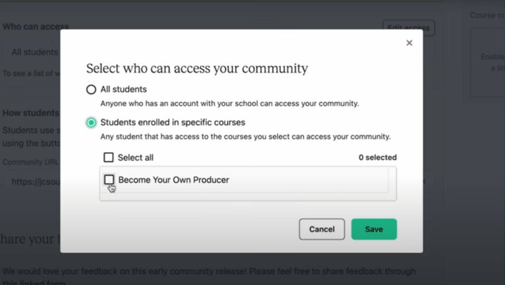 Popup with Students enrolled in specific courses button selected to access community