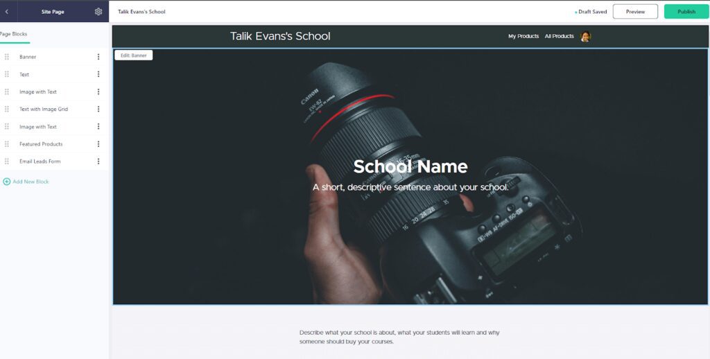 Template Example
Talik Evan's School 
image of camera with
School Name
A short, descriptiv sentence about your school