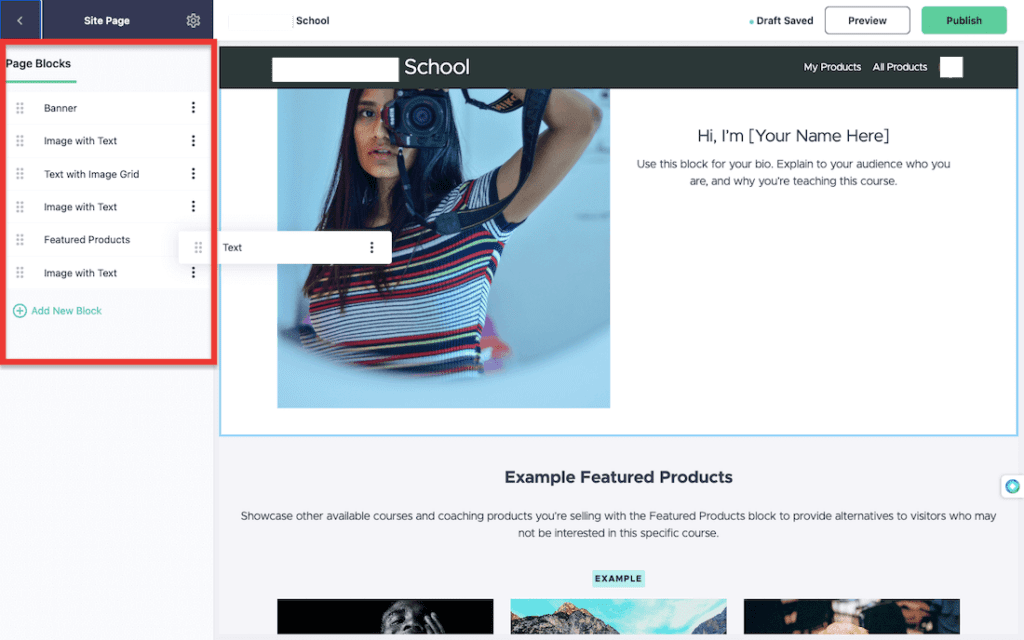 Red box around Page Blocks with image of woman with camera in front of her face in a stripe shirt 
Publish button

