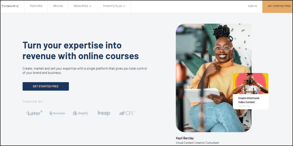 Thinkfic home page: "Turn your expertise into revenue with online courses"