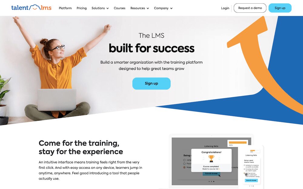 TalentLMS homepage
Women up against wall with arms above head and laptop on legs
The LMS built for success
Sign up button
