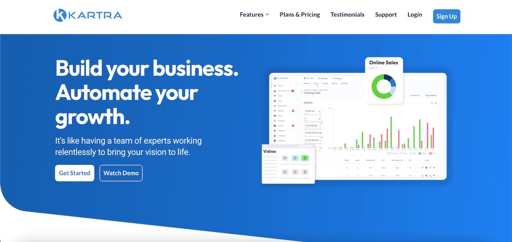 Kartra homepage screenshot
Sign Up button
Build your business.
Automate your growth.
Get started button
Watch Demo button
Graph image wiht online sales 