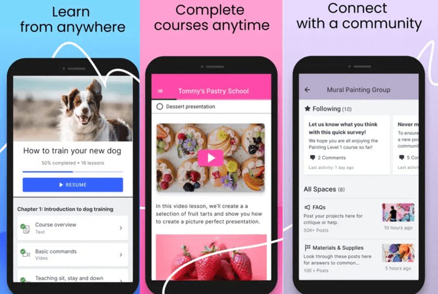 Screenshot of the app with three boxes
Blue box says learn from anywhere
Pink box says complete courses anytime
Purple box says connect with a community
