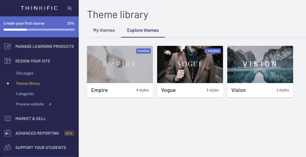 Screenshot of Thinkigic Theme Library with Explore Themes and 3 themes Empire - Vogue - Vision shown