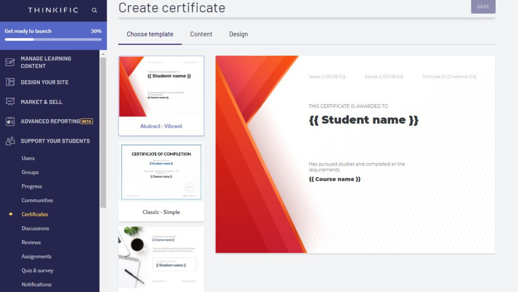 Interface for creating a certificate in Thinkific