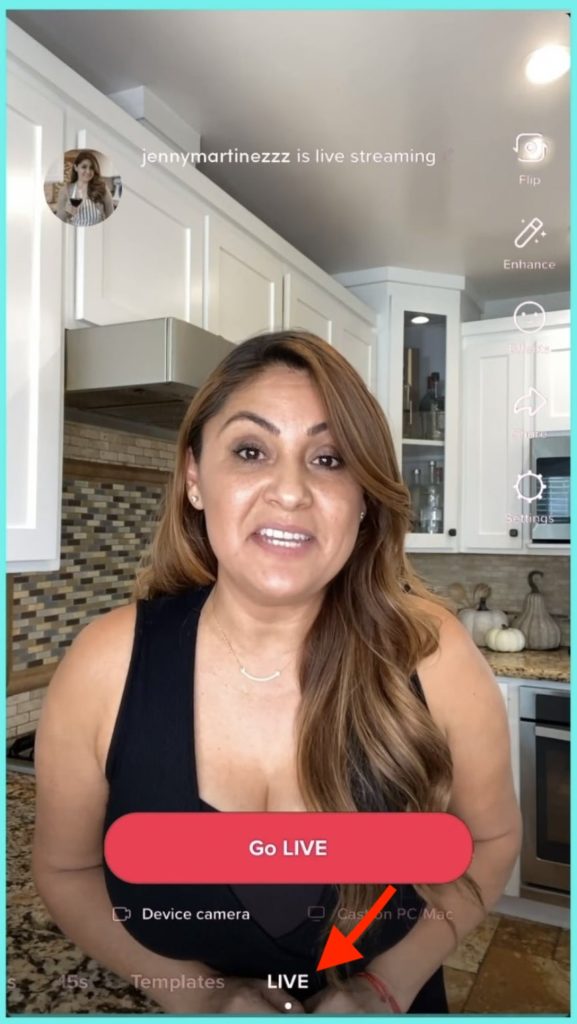 TikTok Go LIVE jennymartinezzz is live streaming with red arrow pointing at "LIVE"