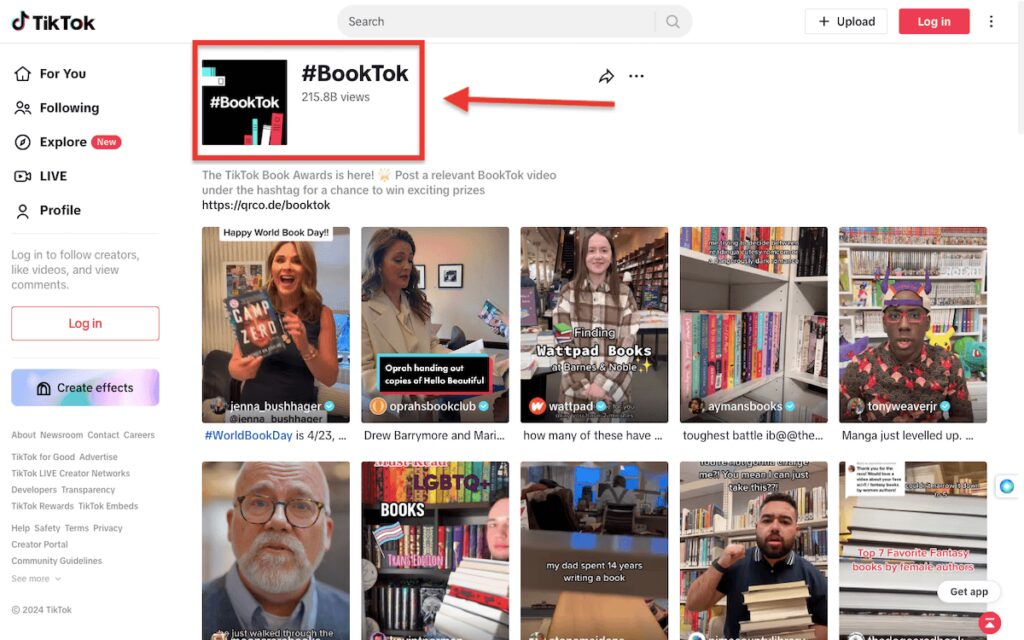 BookTok page on TikTok with thumbnail pictures in rows of 4 of BookTok hashtag views