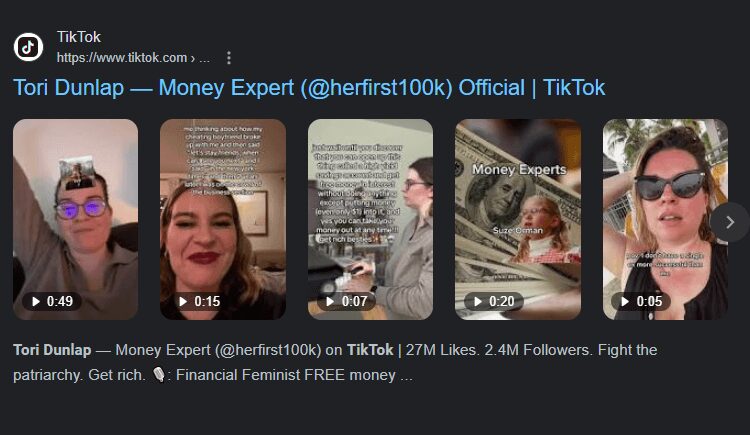Tori Dunlap @hefirst100k TikTok page with 5 videos and info on likes, followers, etc. 