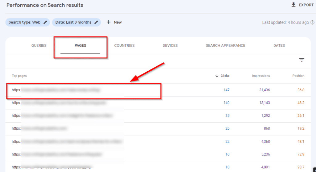 Pages tab in Google Search console, red arrow pointing at a particular URL