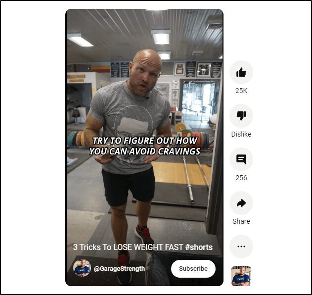 @GarageStrength - 3 Tricks to Lose Weight Fast  #shorts: picture of man with text "Try to Figure Out How You Can Avoid Cravings"