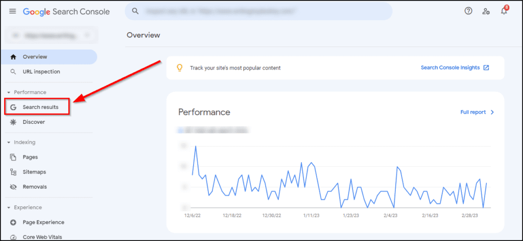 Google Search Console, red arrow pointing at "search results"