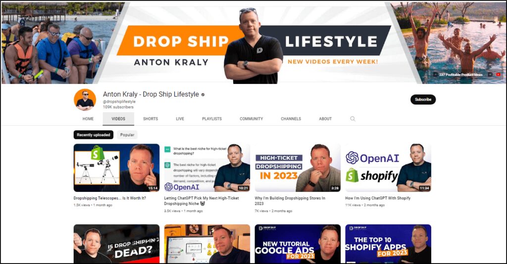 Dropship Lifestyle training program YouTube page: Anton Kraly