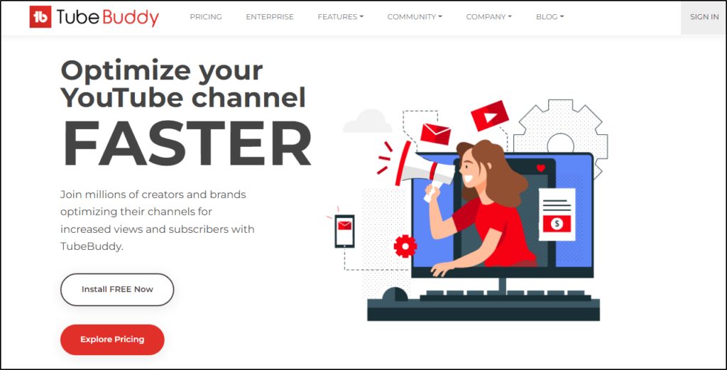 TubeBuddy home page "Optimize your YouTube channel FASTER"