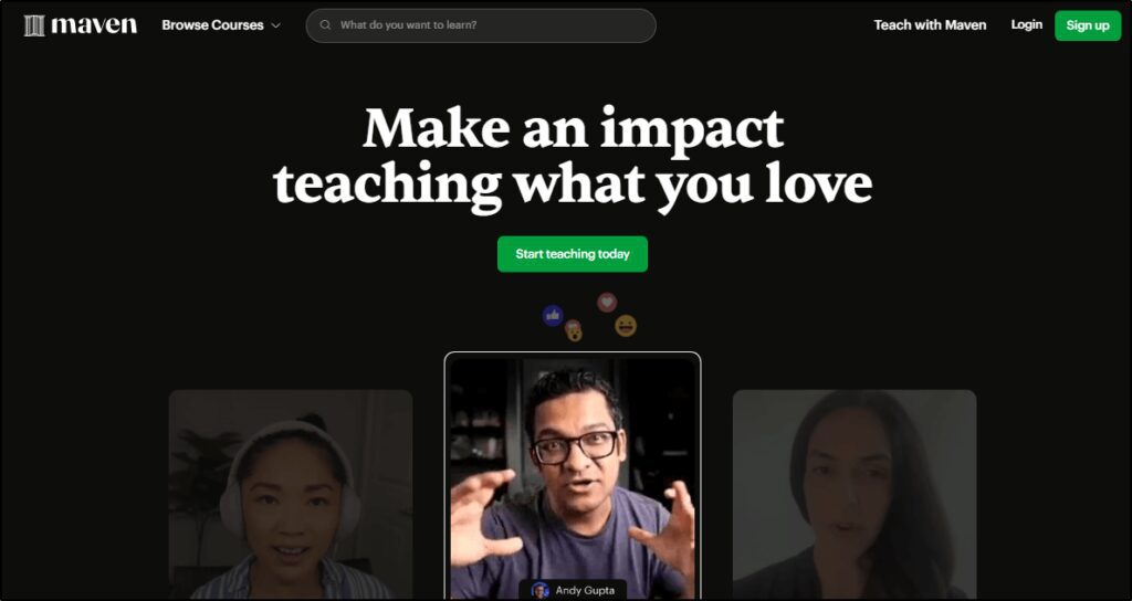 Maven home page - Make an impact teaching what you love with button "Start teaching today"