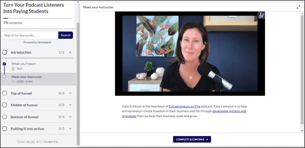 Thinkific course example -Meet your instructor: Kate Ericson "Turn Your Podcast Listeners Into Paying Students"