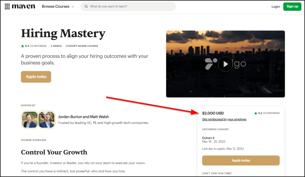 Maven: Hiring Mastery Course, red arrow pointing to price of $2,000