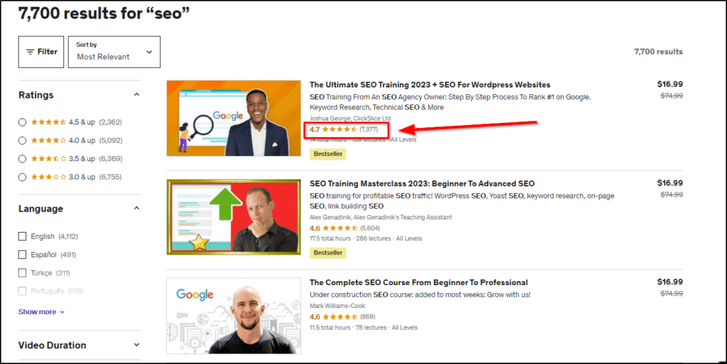  7,700 results  for "seo" on Udemy search page  red box pointing to star rating for course "The Ultimate SEO training 2023 + SEO  for WordPress Websites"