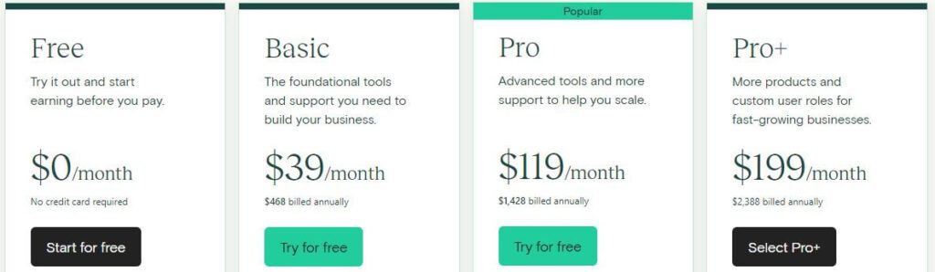 Teachable Pricing screenshot
Free $0
Basic  $39
Pro $119
Pro+ $199