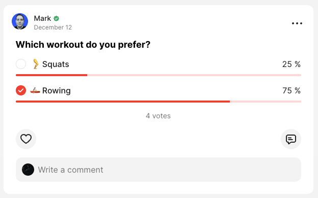 sample poll of what workout you prefer with squats and rowing and 4 votes