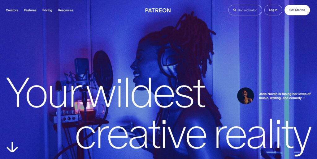 Patreon homepage with girl at mic with headphones on and Your wildest creative reality for text over top