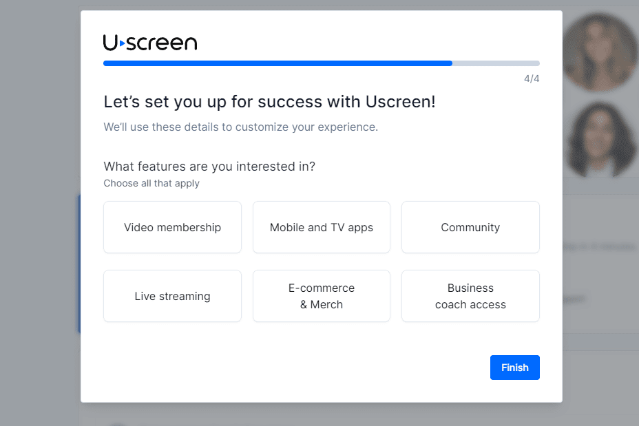 Page where you choose features you are interested in - 6 options and Finish button