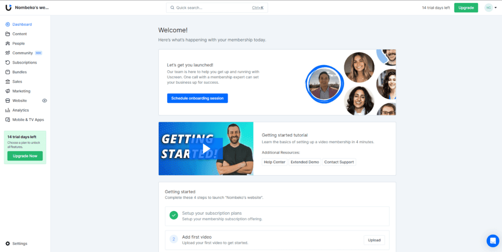 Welcome dashboard with Schedule onboarding session and getting started video 