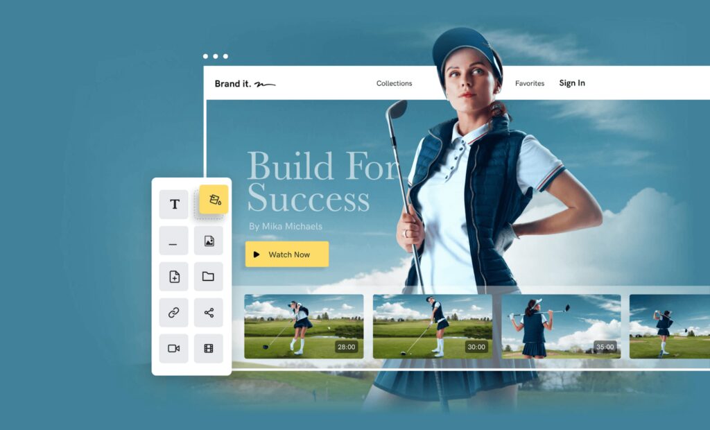 Golf webpage example with a woman holding a golf club next to the words Build for Success, watch no and 4 golf videos along bottom of page