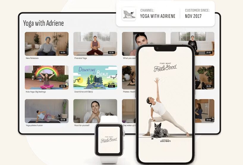 Video thumbnails of Yoga with Adriene and a phone screen and Apple watch screen with images too