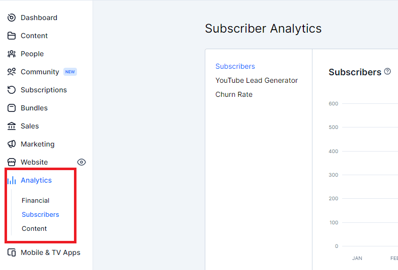 Analytics with Financial, Subscribers and Content underneath in a red square