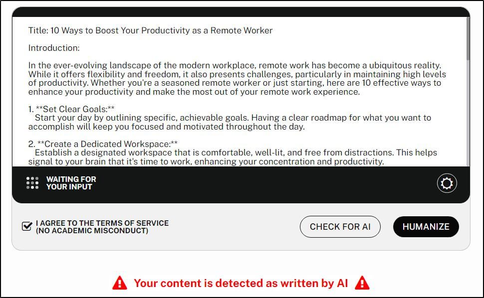 screenshot showing alert "Your content is detected as written by AI"  with box to check "I agree to the terms of service (no academic misconduct)