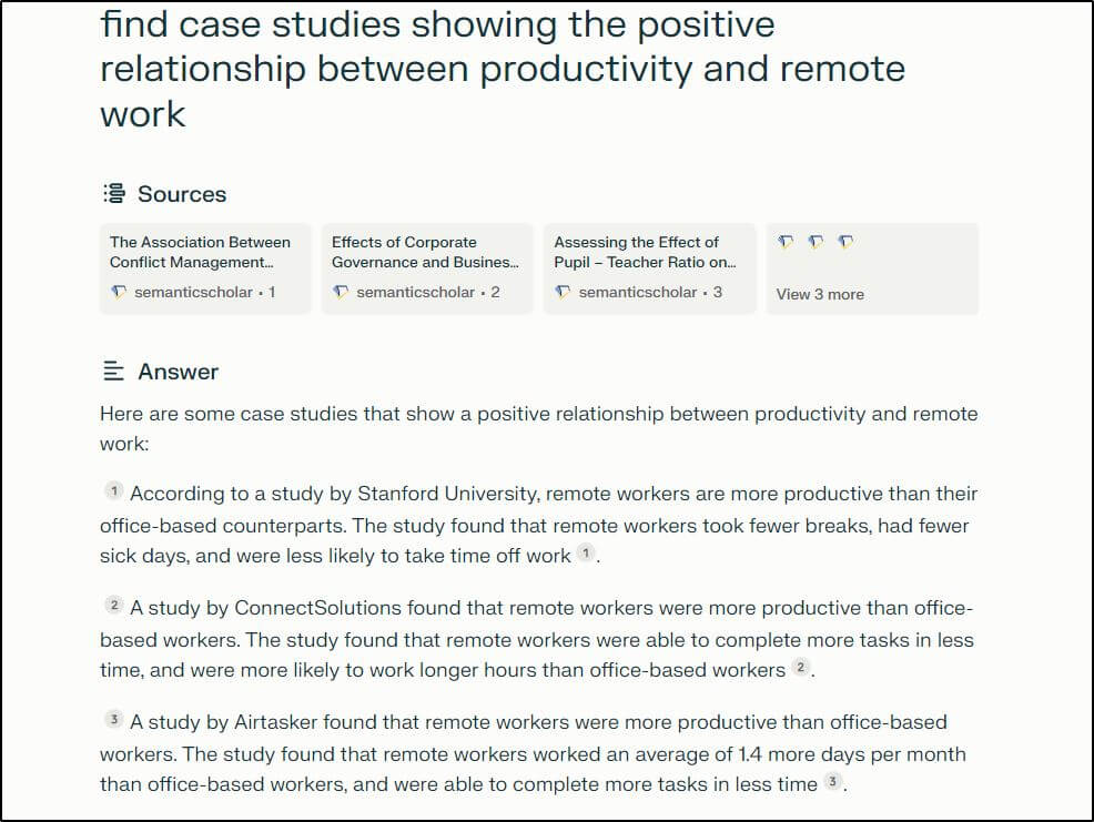 search from 'find case studies showign the positive relationship between productivity and remote work' with three sources and answers with 3 numbers