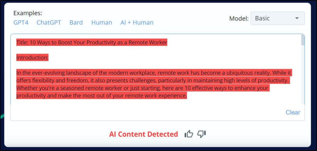 Screenshot showing Examples of AI Content Detected
Title: 10 Ways to Boost Your Productivity as a Remote Worker
