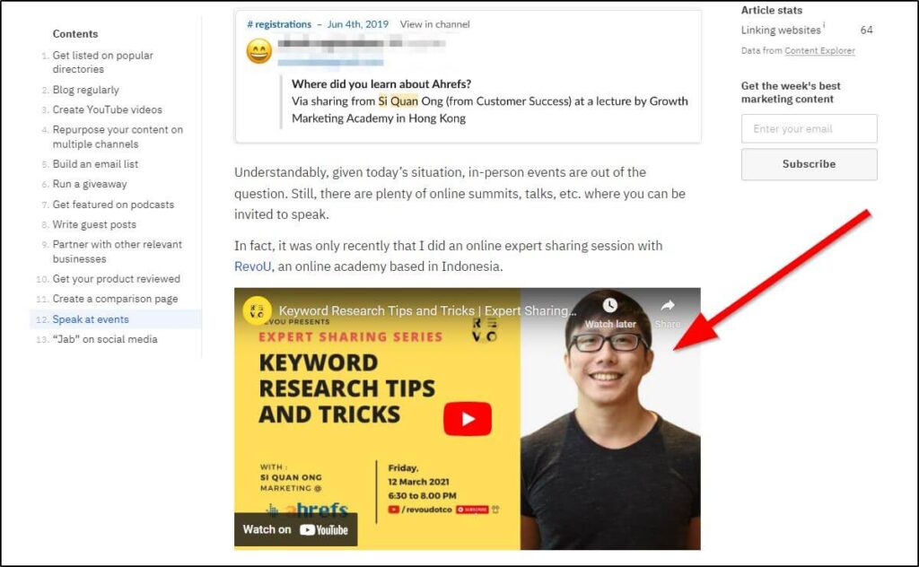 red arrow pointing to a video called keyword research tips and tricks