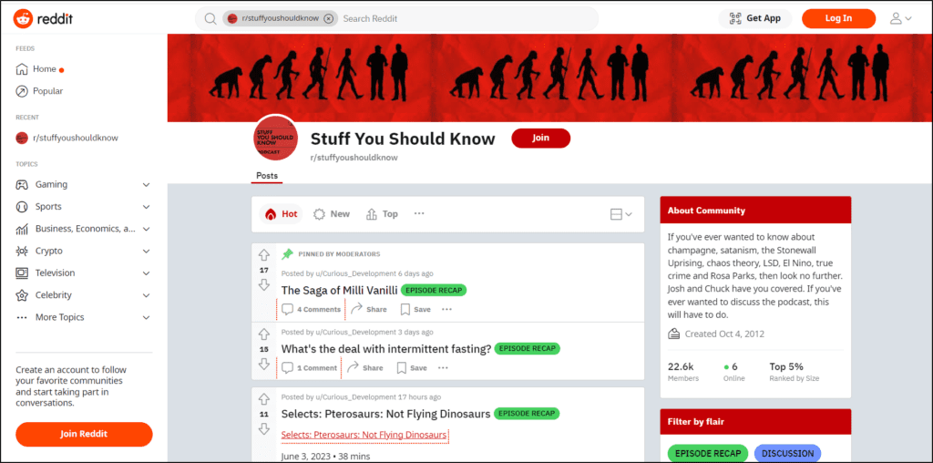 reddit page of Stuff you Should Know with a Join button