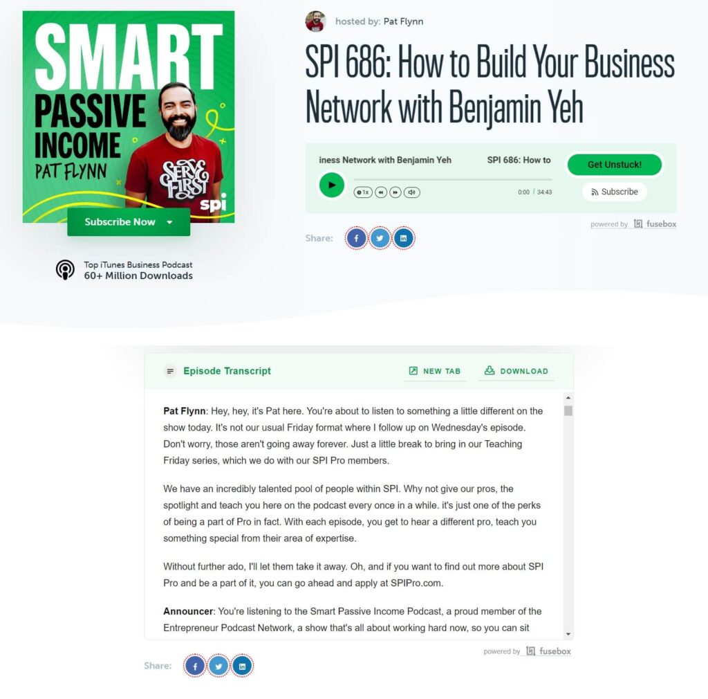 Pat Flynn podcast page with an image of him next to words SMART Passive Income

A play button and a transcript