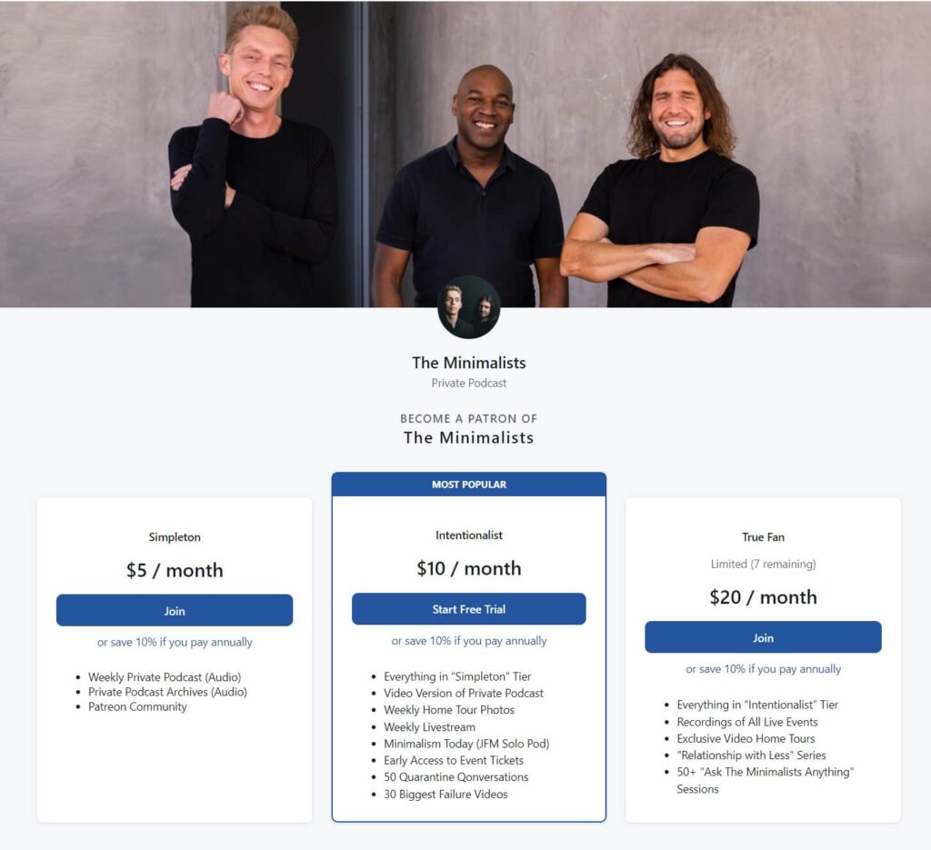 The Minimalist in all black shirts with three pricing tiers below their picture with Join buttons