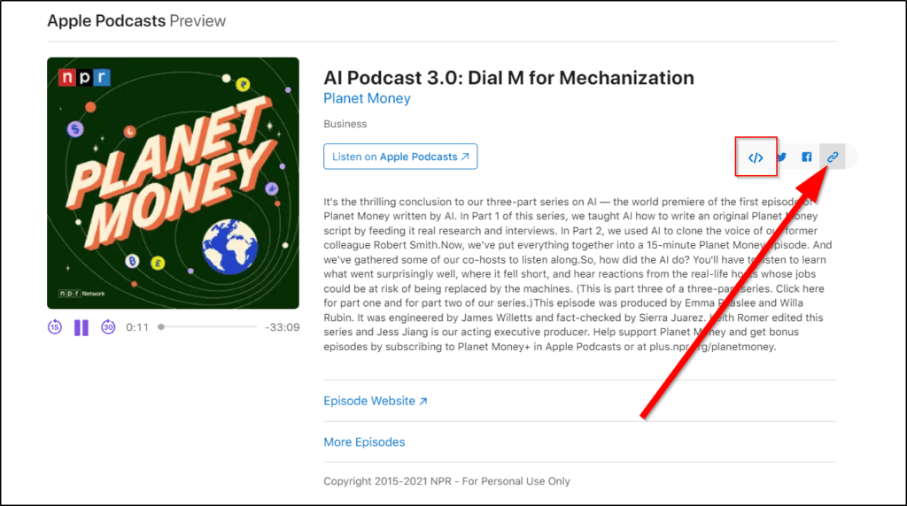 Planet Money podcast screensot with an arrow pointing to embed link