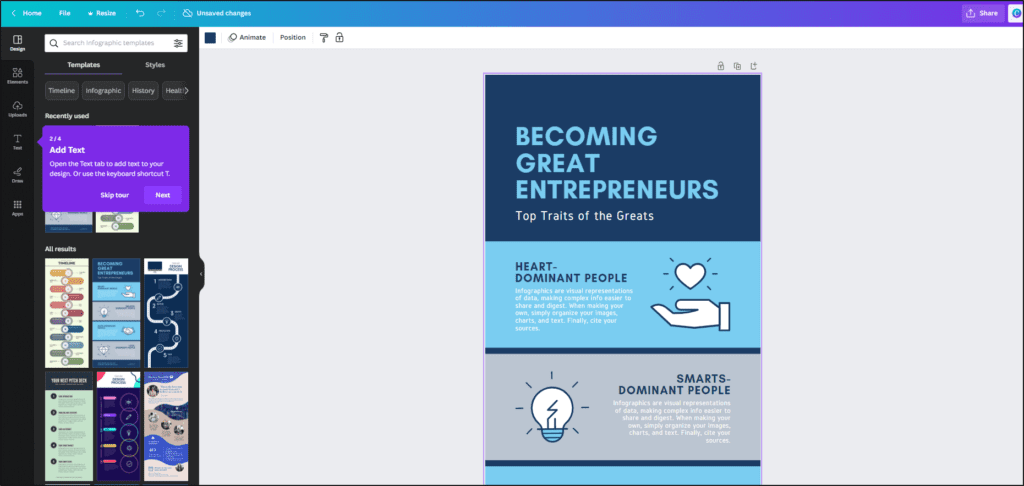 Canva image design of Becoming Great Entrepreneurs with blue colors and a hand with a heart above it