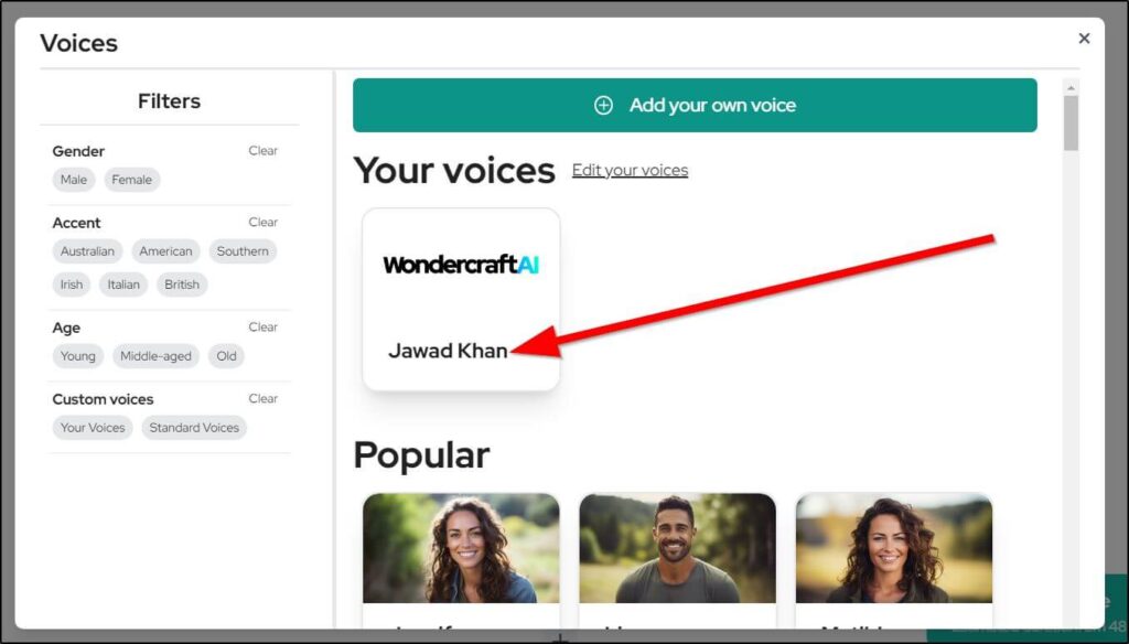 Where you add your own voice 
red arrow pointing to Jawad Khan to add voice