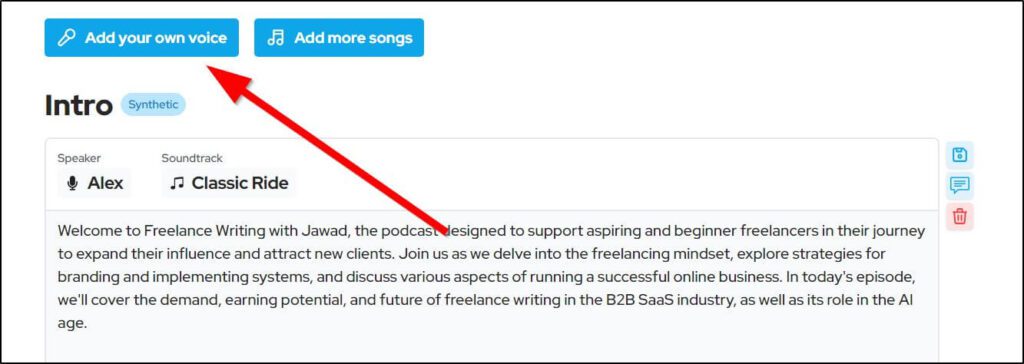 Arrow pointing to Add your own voice with Speaker, Soundtrack and copy shown