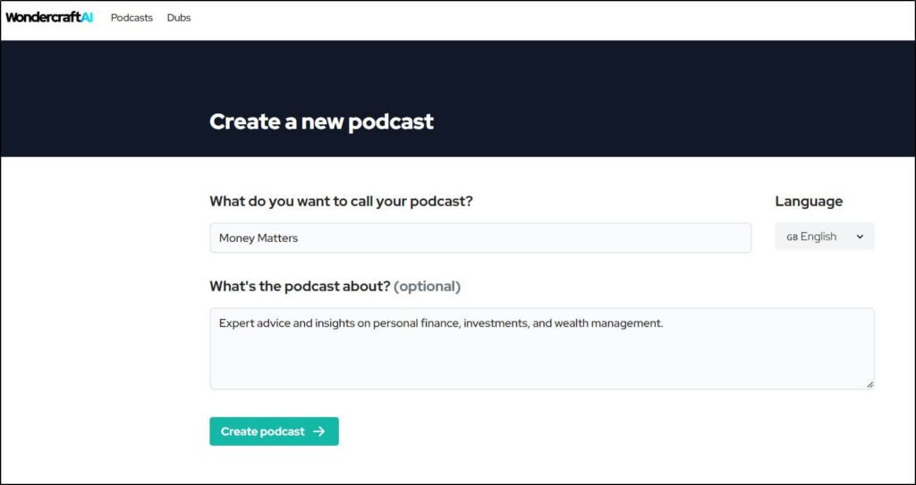 Create a new podcast screen in wondercraft AI