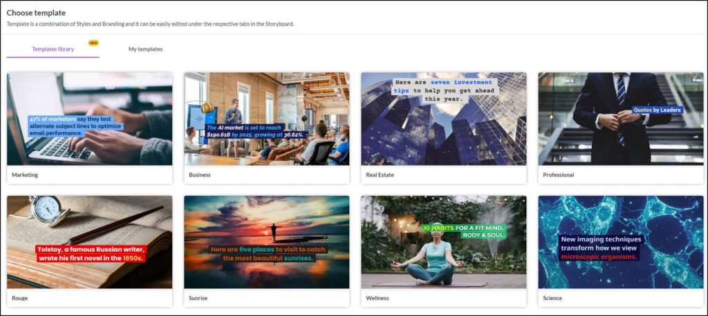 8 templates to choose from with images representing marketing, business, real estate, etc.