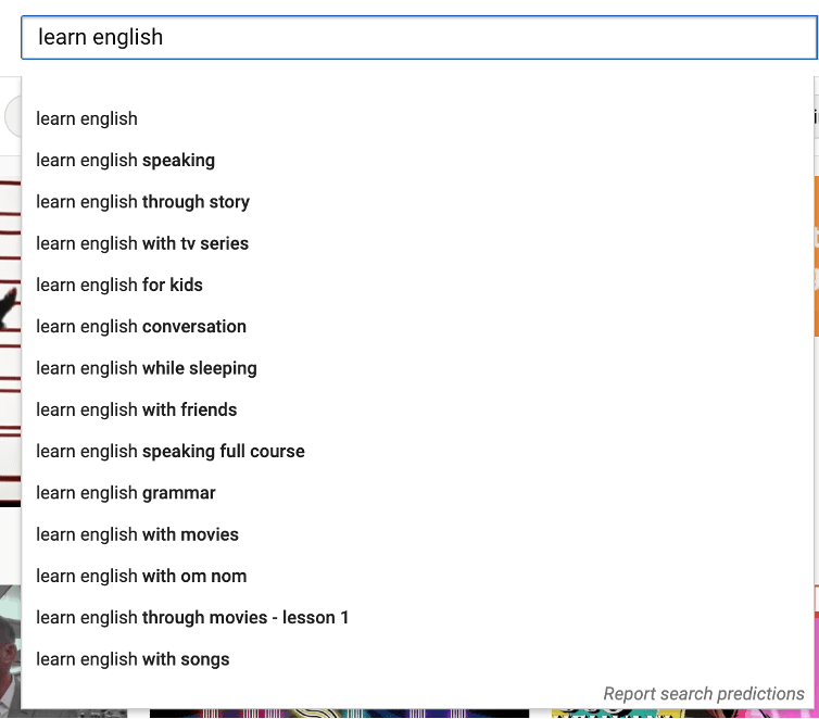Screenshot of search term alternatives in YouTube search