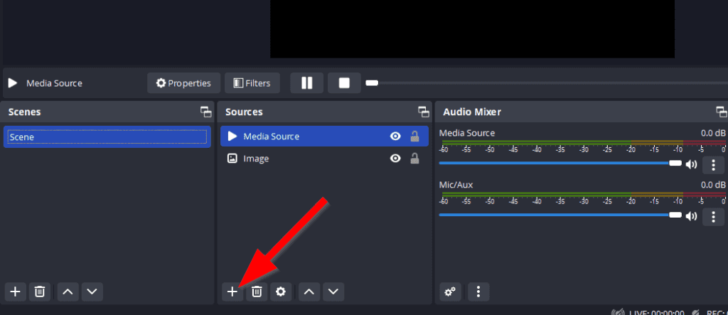 YouTube Studio connected to OBS, menu to select Media Source, red arroow pointing at +
