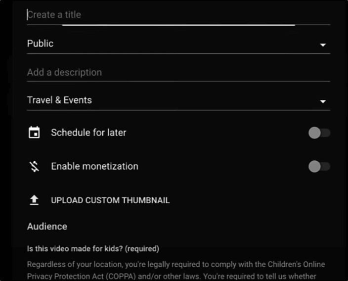 YouTube live stream video options menu create a title